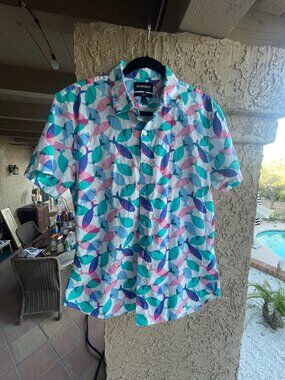 Bonobos Riviera Cruiseware Fish Design Short Sleeve Slim Fit Shirt - L
